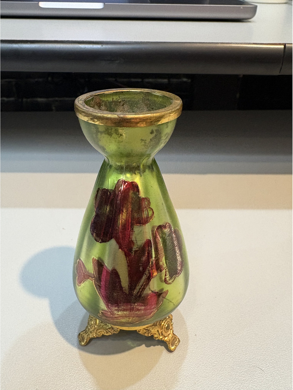 Vintage Green Glass Vase with Gold Trim and Floral Design